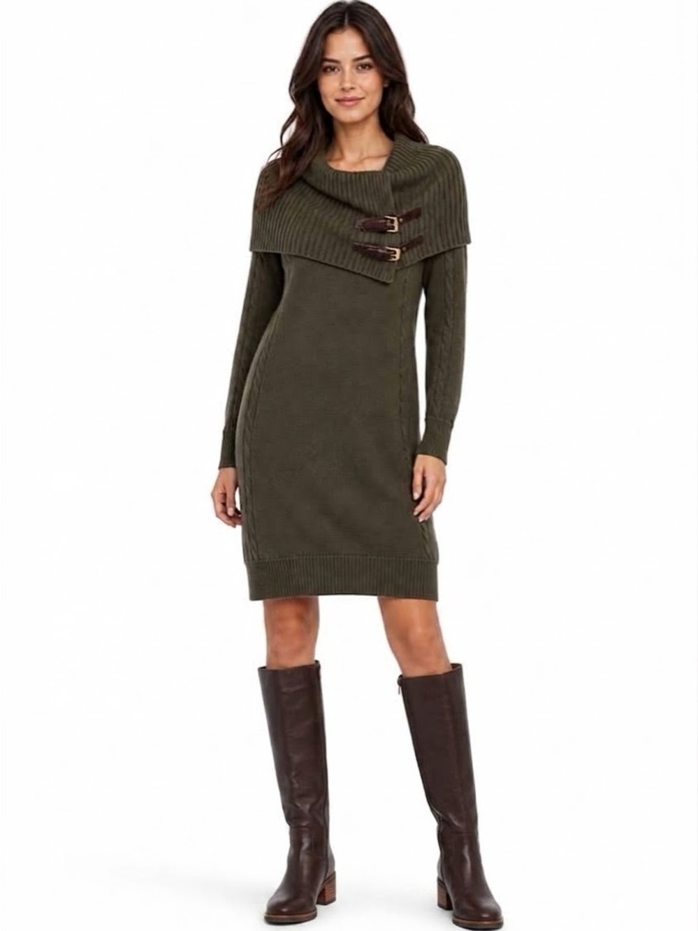 MICHAEL Michael Kors Olive Buckled Fold Over Cowl Neck Sweater Dress Sz M Autumn